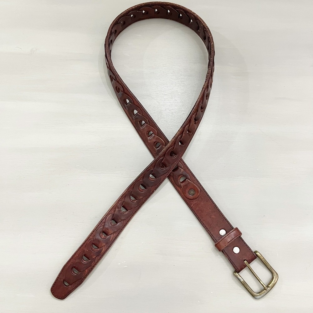 Men's Belt Genuine Leather Mexico Brown Braided Loop Chain Buckle Size 40 - Picture 4 of 10